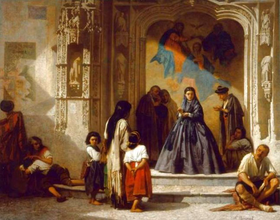 Jeune femme faisant la charite a l'entree de la chapelle de l'hopital San Sebastian a Cordoue